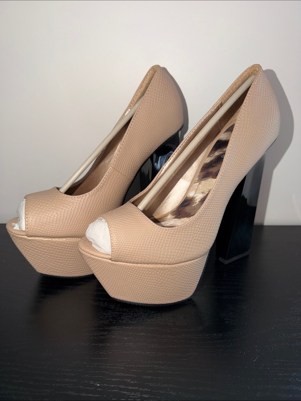 Qupid Nude Peep-Toe Platform Pumps with Black Block Heel